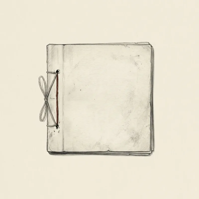 Sol kenarından iki delikle iplik geçirilmiş katlı kâğıtlardan oluşan bir defterçik, illüstrasyon